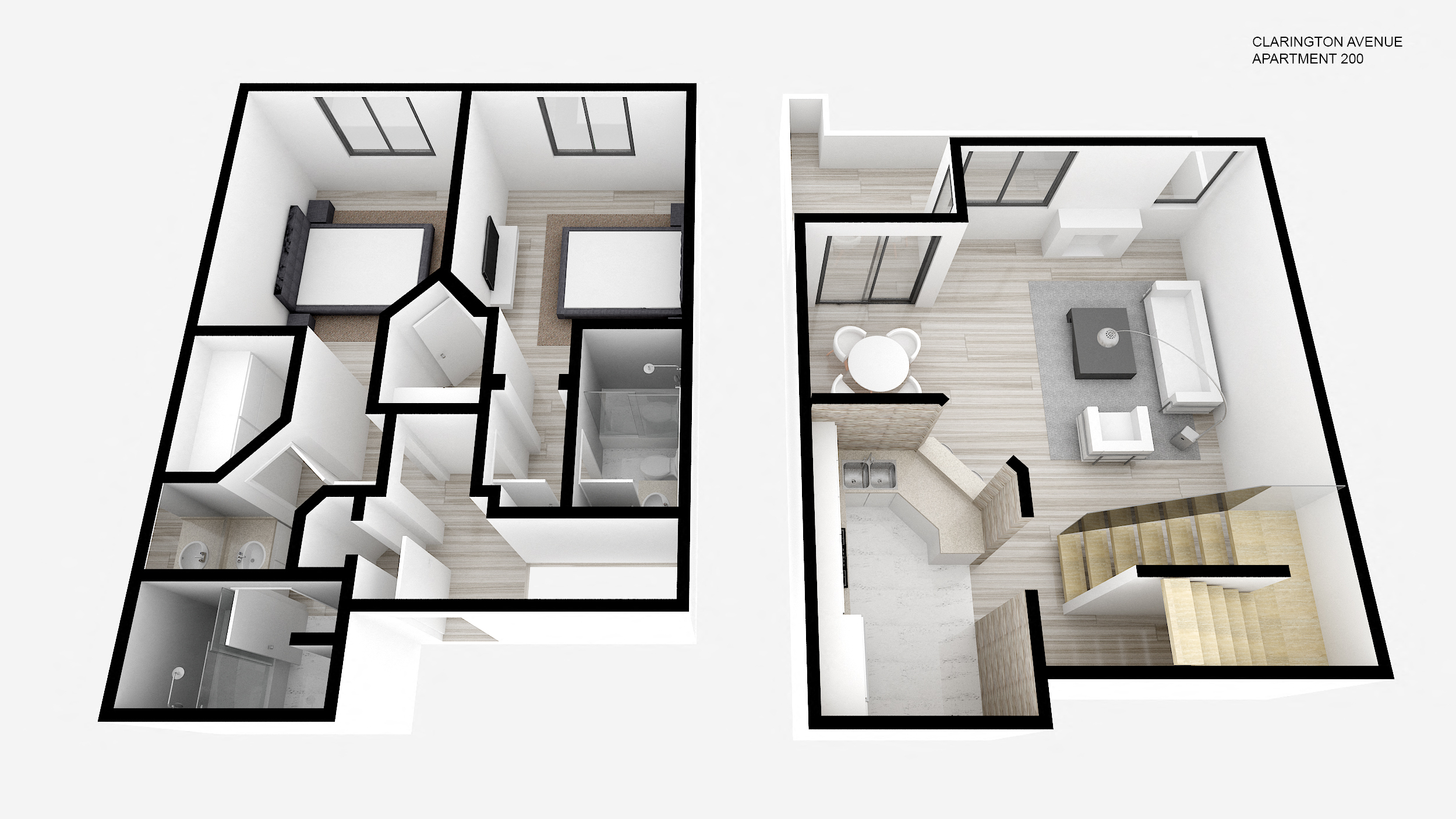 Floor plan for 2 beds, 2 baths, 1300 sqft